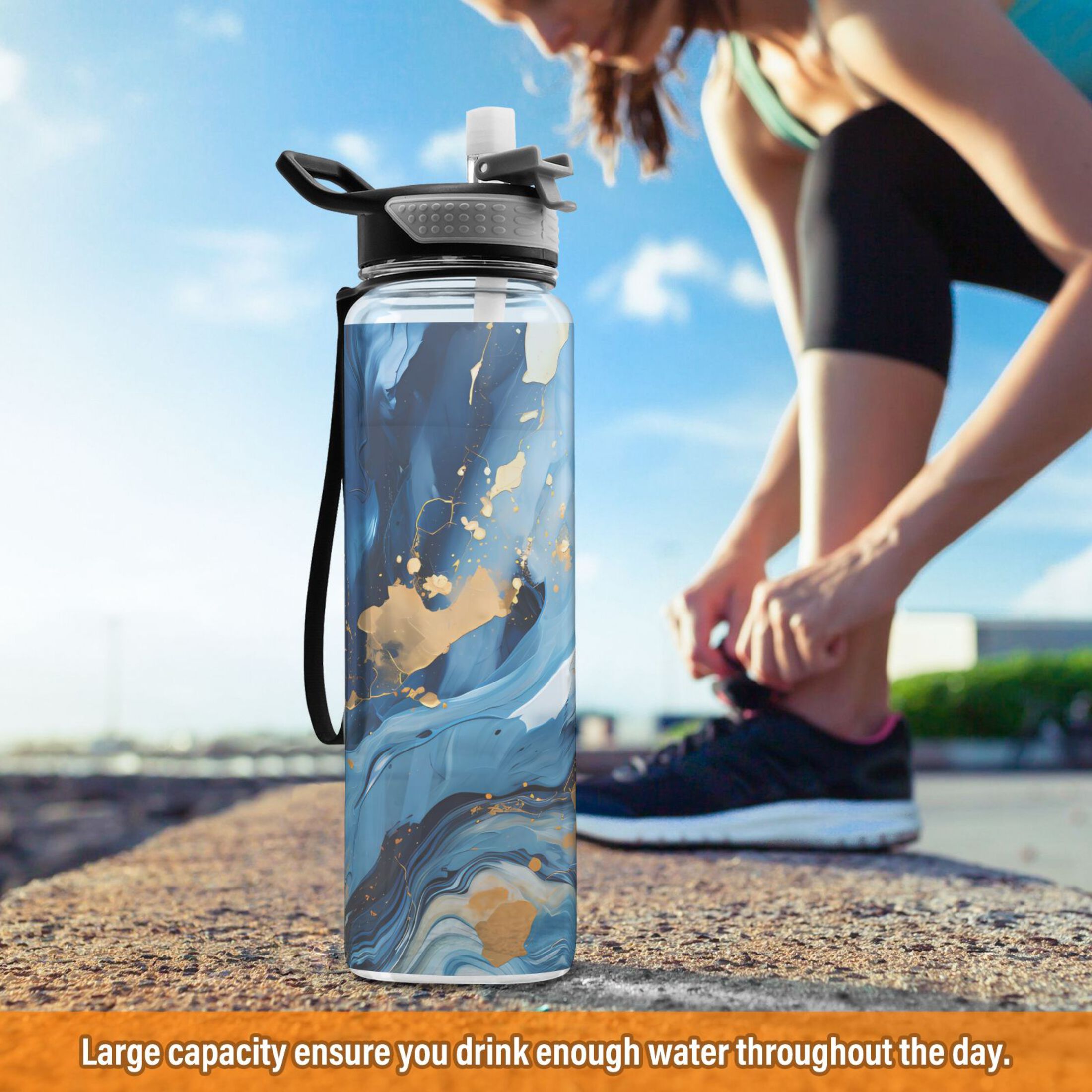 Marble Blue and Gold 32oz Tritan Leakproof Water Bottle with Straw F889