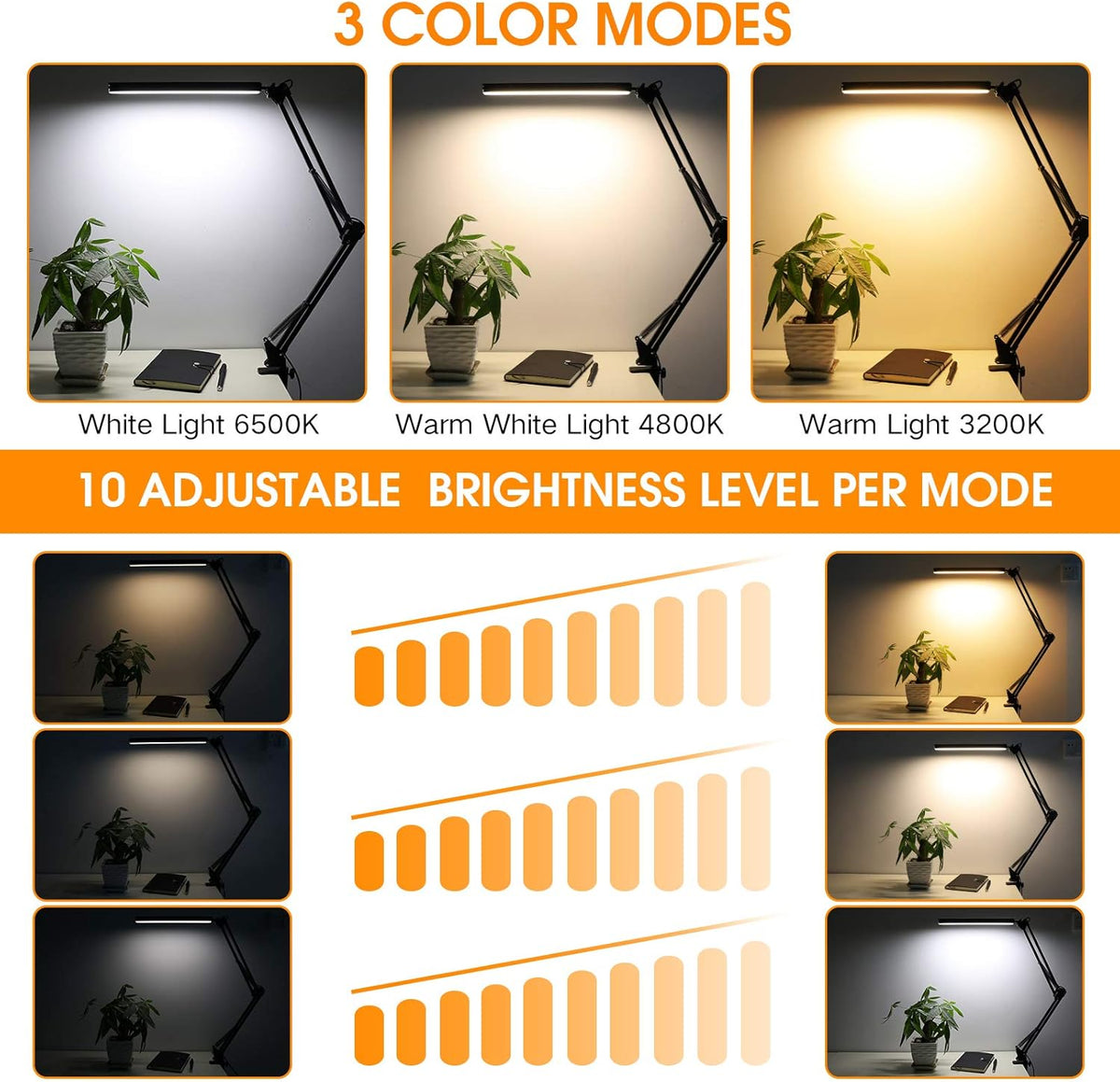 LED Desk Lamp with Clamp, 3 Modes, 30 Brightness Dimmable C3220