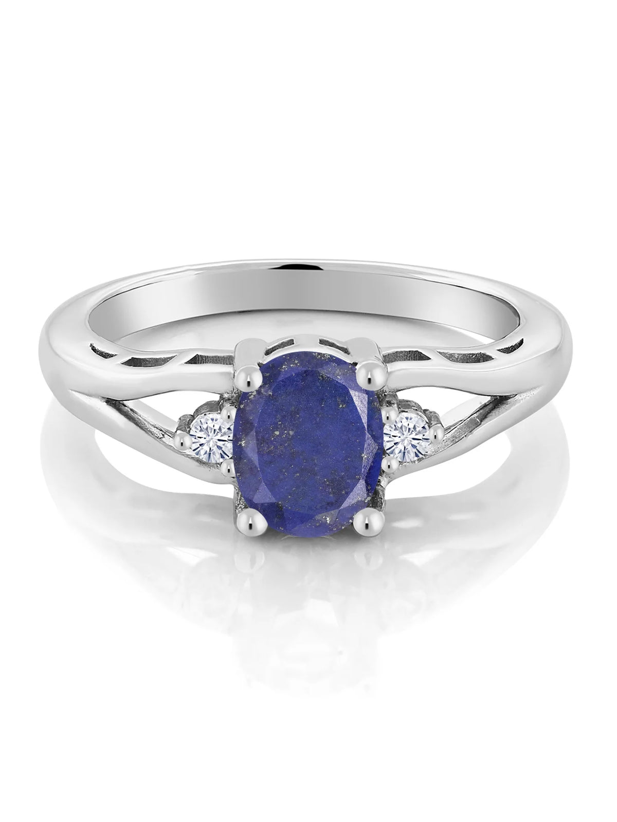 925 Sterling Silver Blue Lapis and White Moissanite 3 Stone Engagement Ring T716