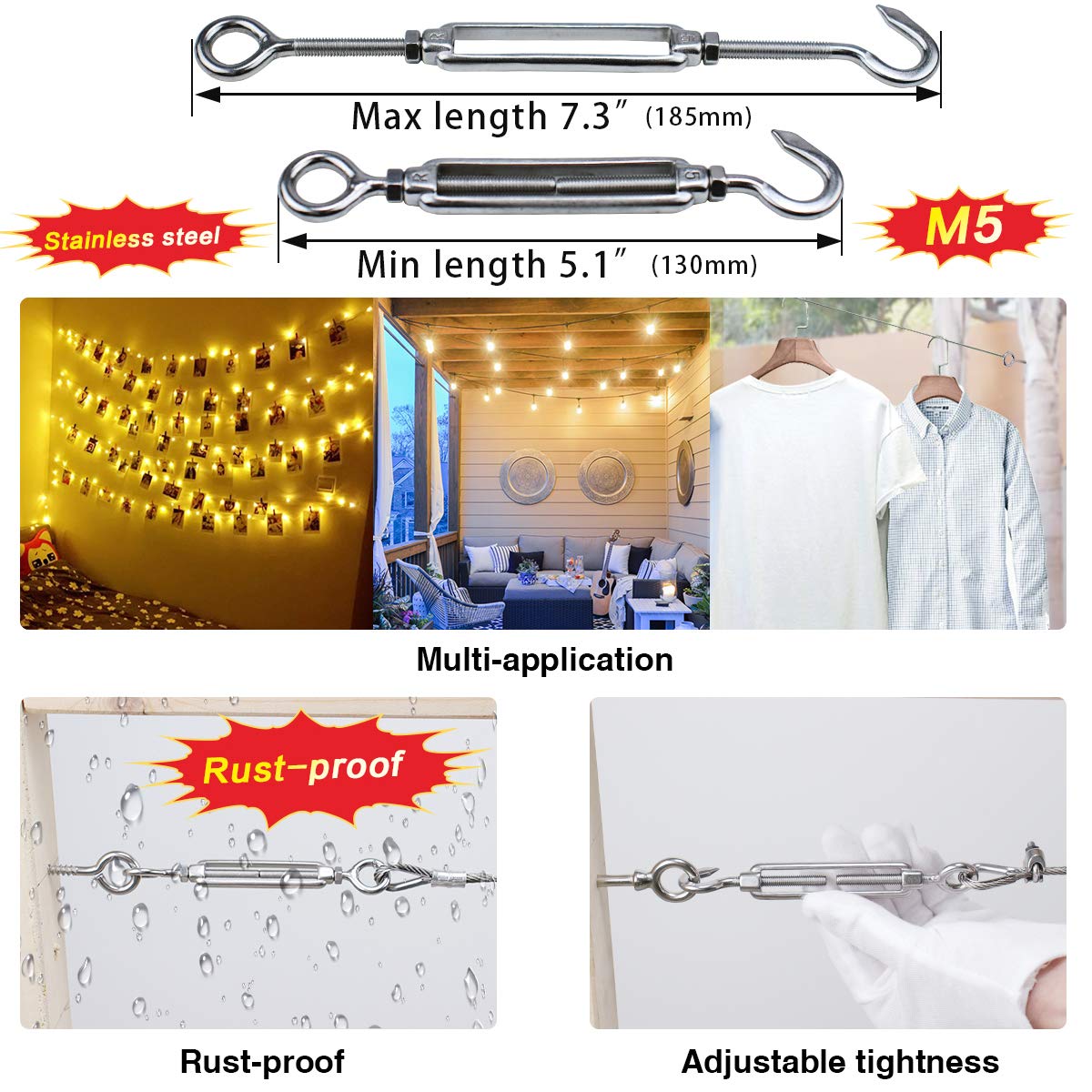 Cable Railing Kit M5 Hook & Eye Turnbuckle Wire Rope Tension M6 Stainless Steel Eyes Screw M3 Aluminum Crimping Loop M3 Stainless Steel Thimble NK08 Pack of 2 I744049