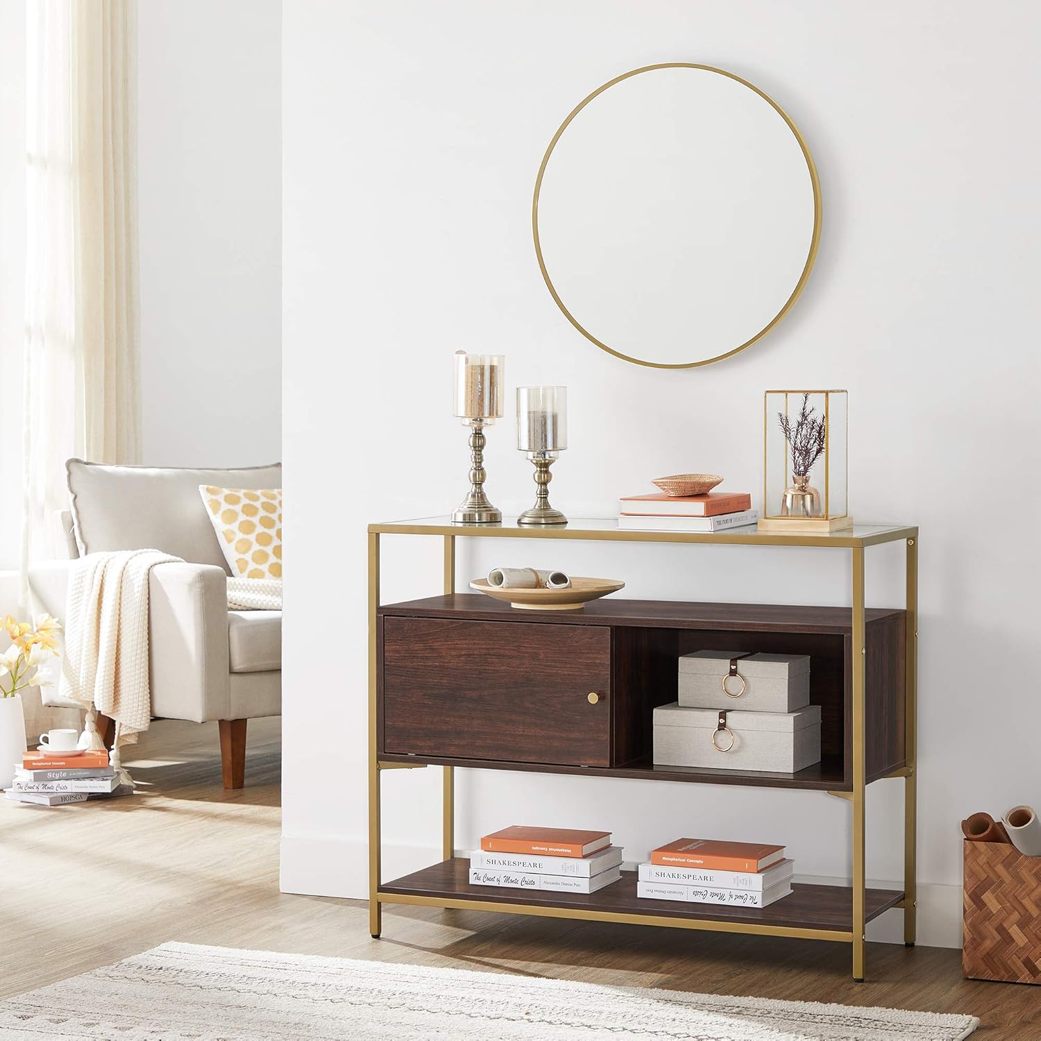 Chocolate Brown and Matte Gold Sideboard with Glass Top and Steel Frame U6061
