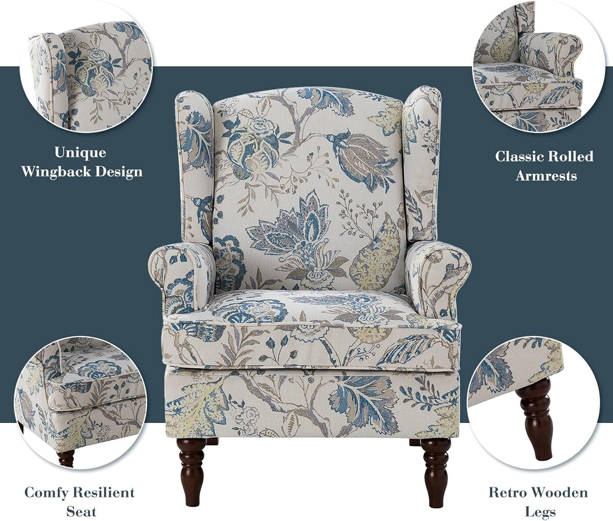 Wingback Accent Chairs Set Of 2 With Wood Legs Fabric Upholstered M4413