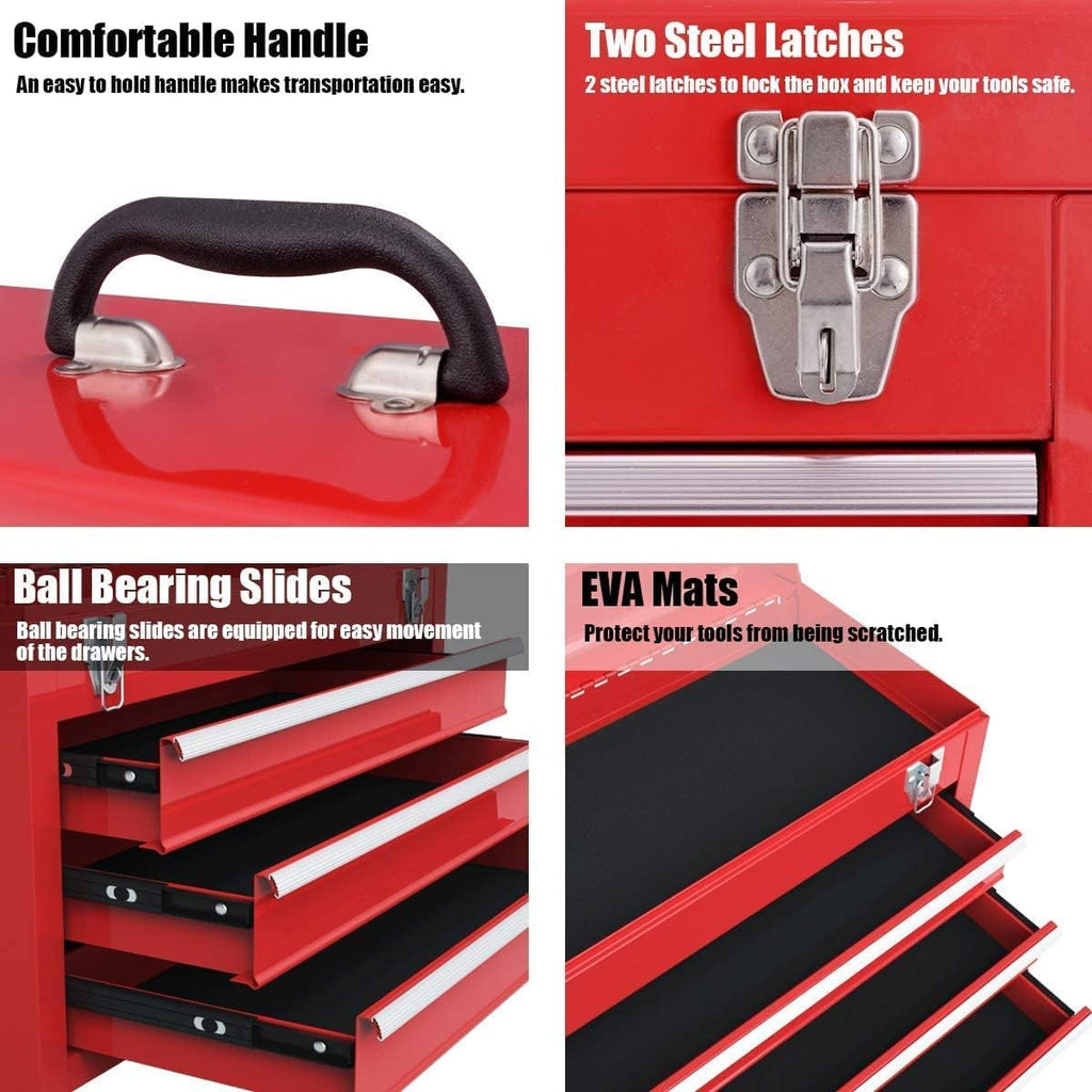 Red 3 Drawer Lockable Steel Tool Chest Cabinet with Top Tray G723