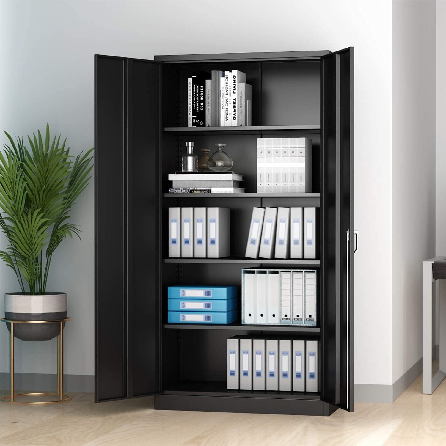 Black Metal Storage Cabinet with 2 Locking Doors and 5 Shelves H502