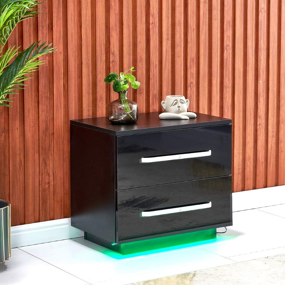 White High Gloss Bedside Table with 2 Storage Drawers and LED Lights P388