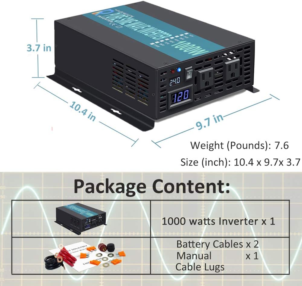 1000W Pure Sine Wave Car Power Inverter 24V DC to 120V AC with 2 AC Outlets U376