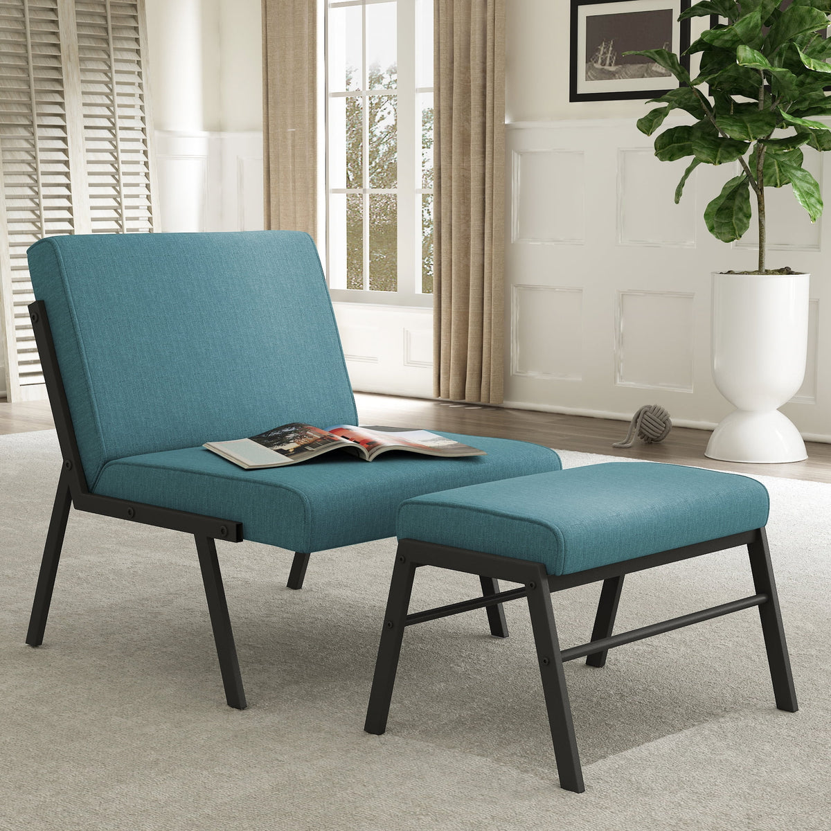 Green Linen Accent Chair with Ottoman V5288