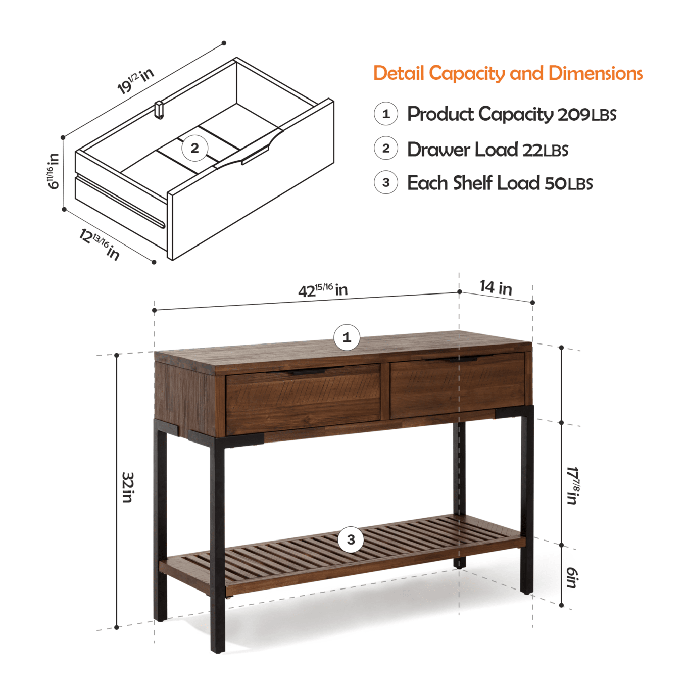 Solid Wood Console Table 2 Drawers, Burnt Umber N3587