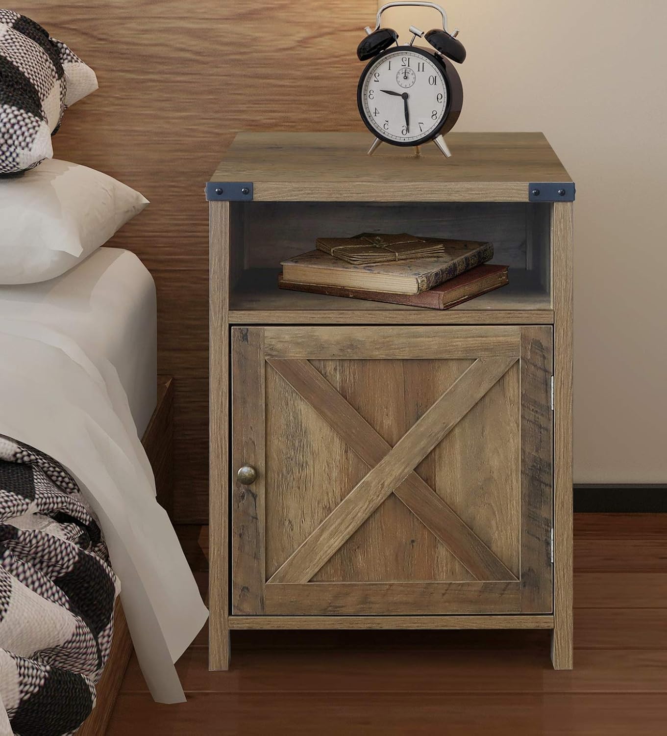 Farmhouse End Table with Cabinet and Shelves, Shaded Oak H4551