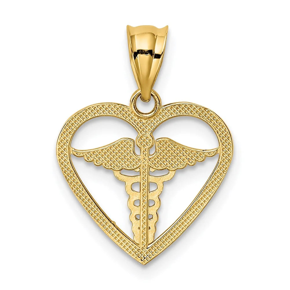 14K Yellow Gold Caduceus Heart Pendant C998