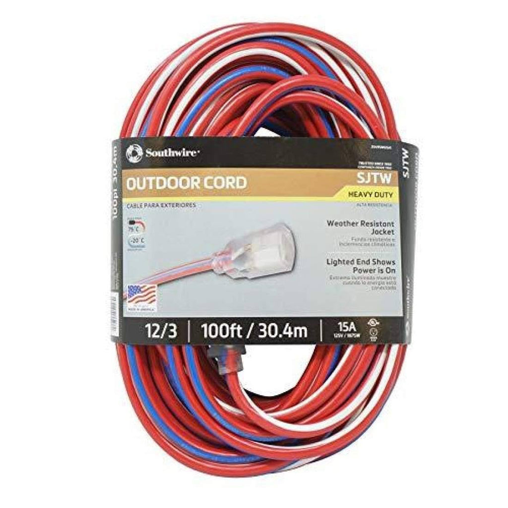Red White and Blue 100-Feet 12/3 Extension Cord with Lighted End G56978