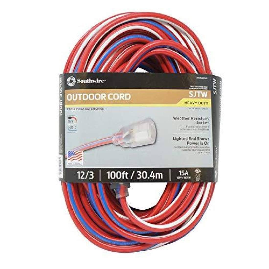 Red White and Blue 100-Feet 12/3 Extension Cord with Lighted End G56978