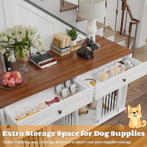 White Wooden Double Dog Crate Furniture with 2 Drawers G909960
