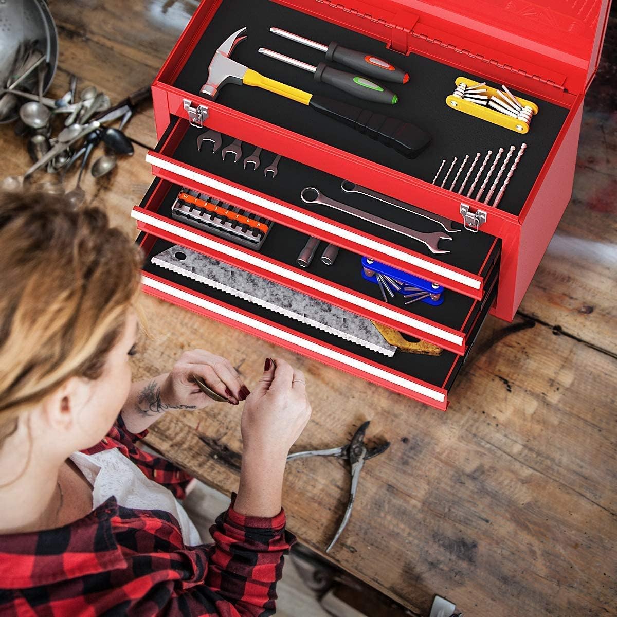 Red 3 Drawer Lockable Steel Tool Chest Cabinet with Top Tray G723