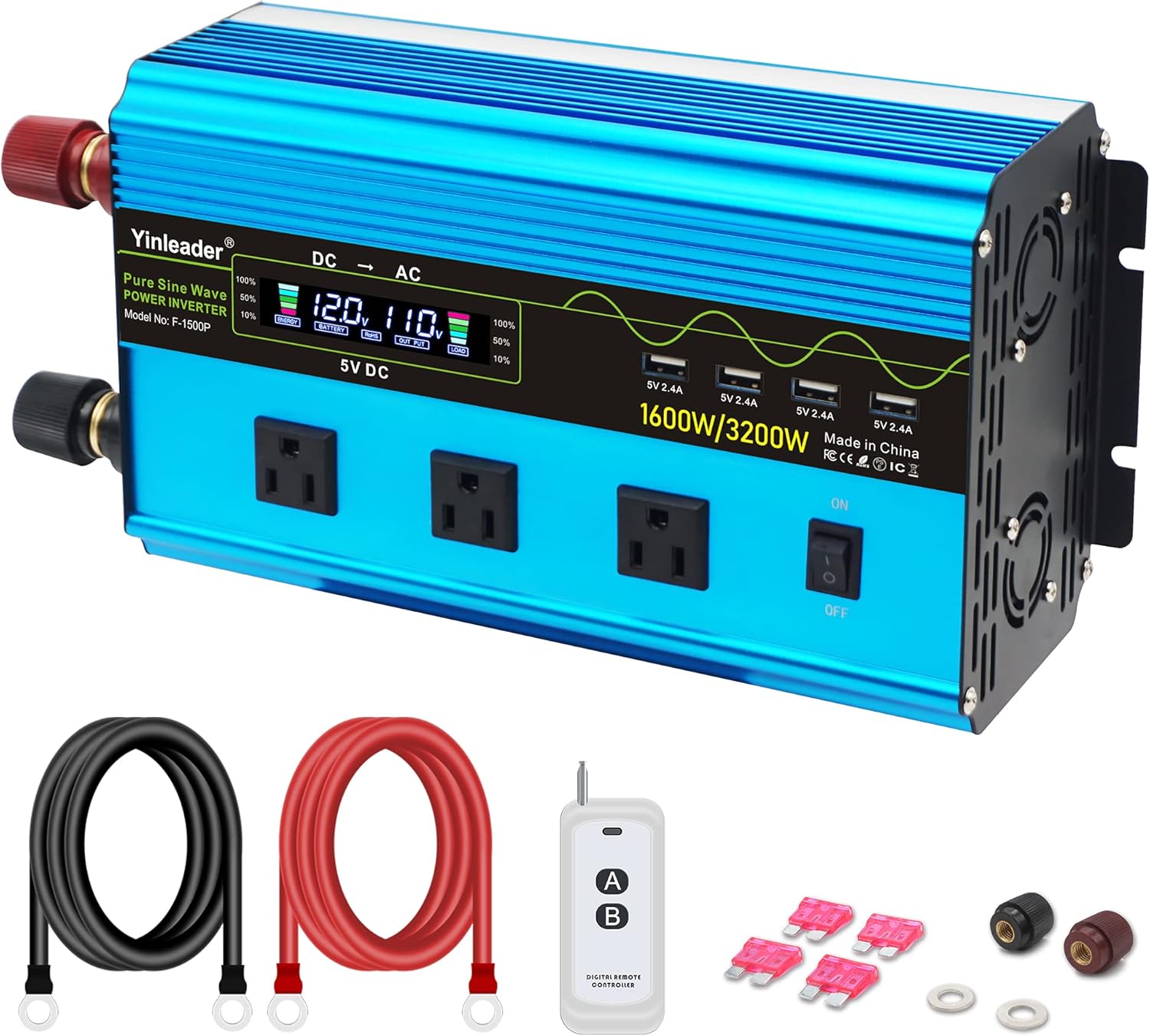 1600W Pure Sine Wave Power Inverter 12V to 110V with Wireless Remote Controller, LCD Display, 3 AC Outlets and 4 Fast Charge USB Ports M506644