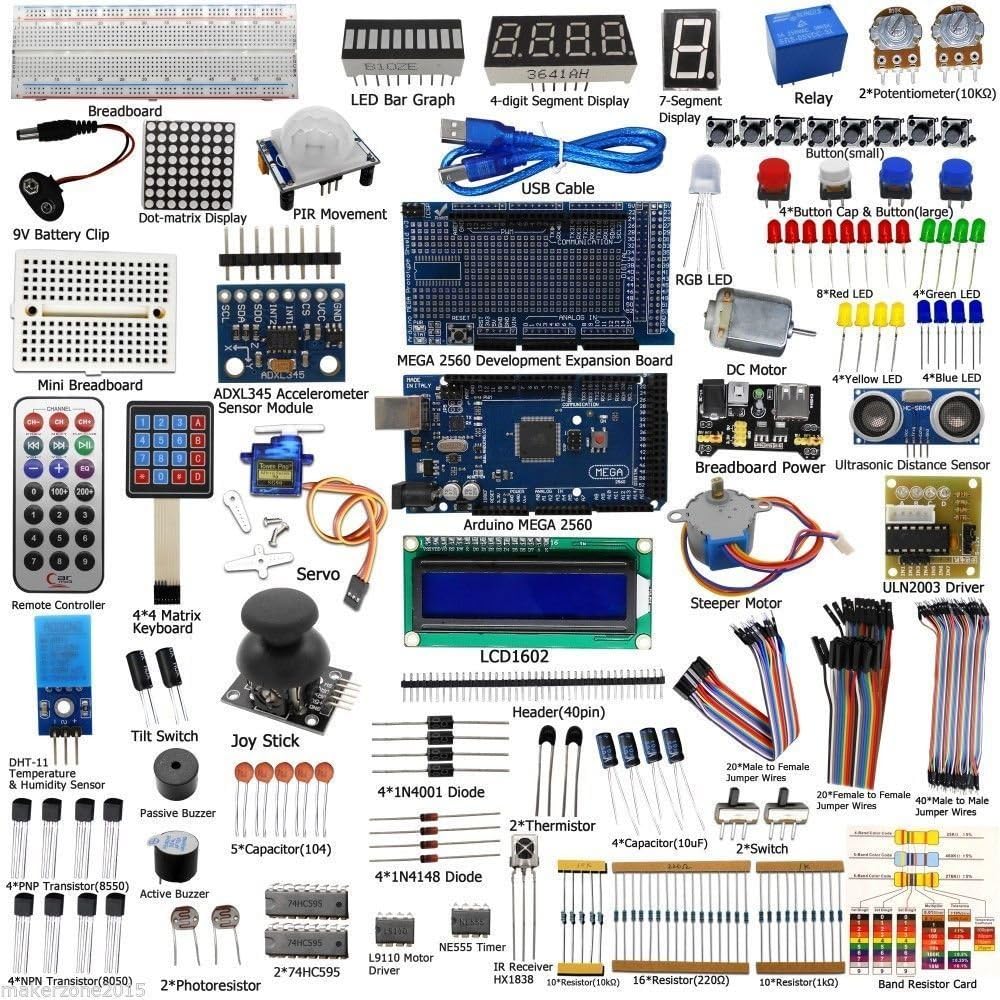 Mega2560 Electronic Projects Starter Kit with LCD1602, Servo, Stepper Motor, Sensors, Breadboard, Jumper Wire, Resistor, Capacitor, Transistor L80558