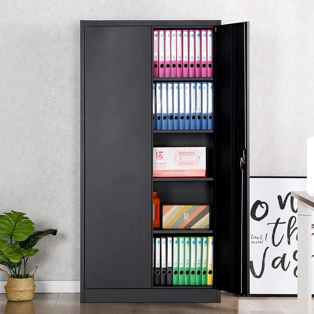 Black Metal Storage Cabinet with 2 Locking Doors and 5 Shelves H502