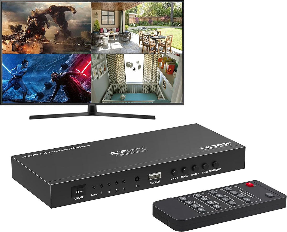 HDMI Multiviewer Switch 4x1, Quad Multi-Viewer Seamless Switcher 4 in 1 Out with Loop, Audio Extractor to Stereo, 1080p, 5 Viewing Modes U6242