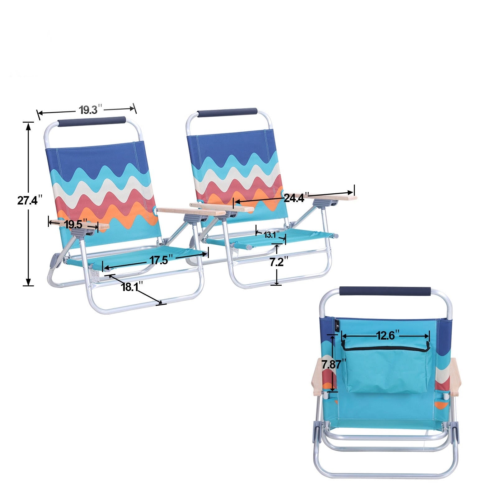 2-Piece Low Folding Adjustable Beach Chairs with Cooler Bag K7448