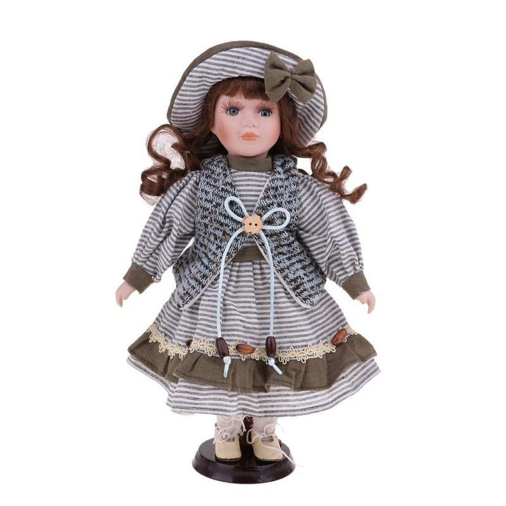 30cm Porcelain Doll Figure with Wood Stand H566