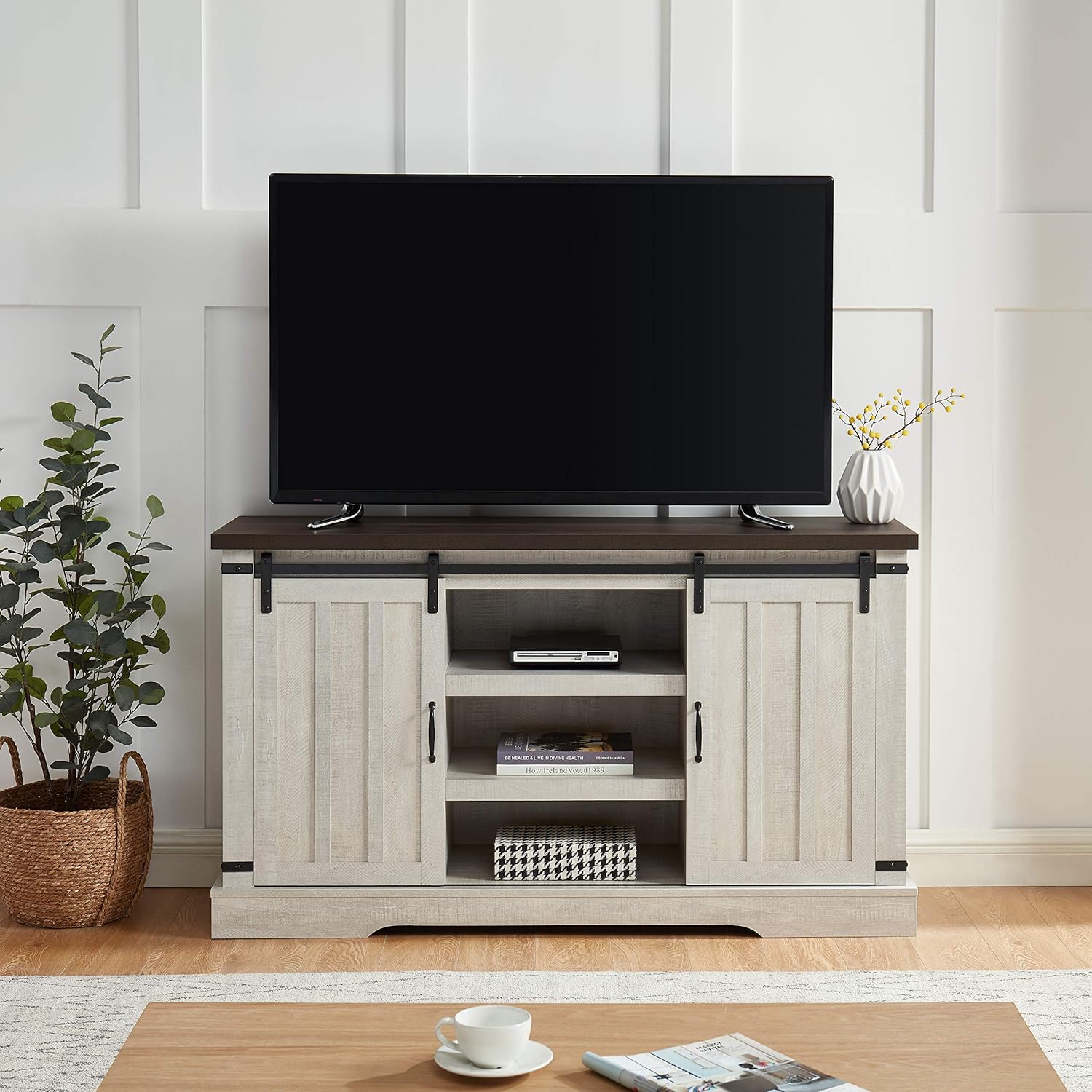Grey Farmhouse Sliding Barn Door TV Stand Media Console Table Storage Cabinet Wood Entertainment Center R385187