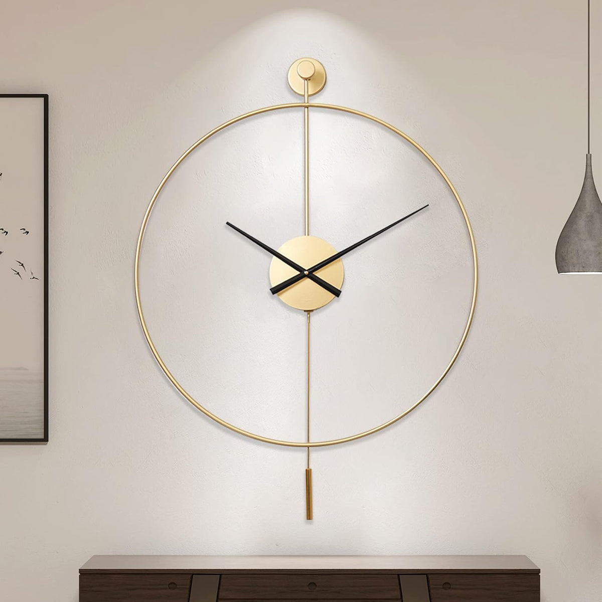 Large Decorative Wall Clock with Pendulum, Non-Ticking Silent Metal Wall Clocks, 29''×19.7‘’ X86755