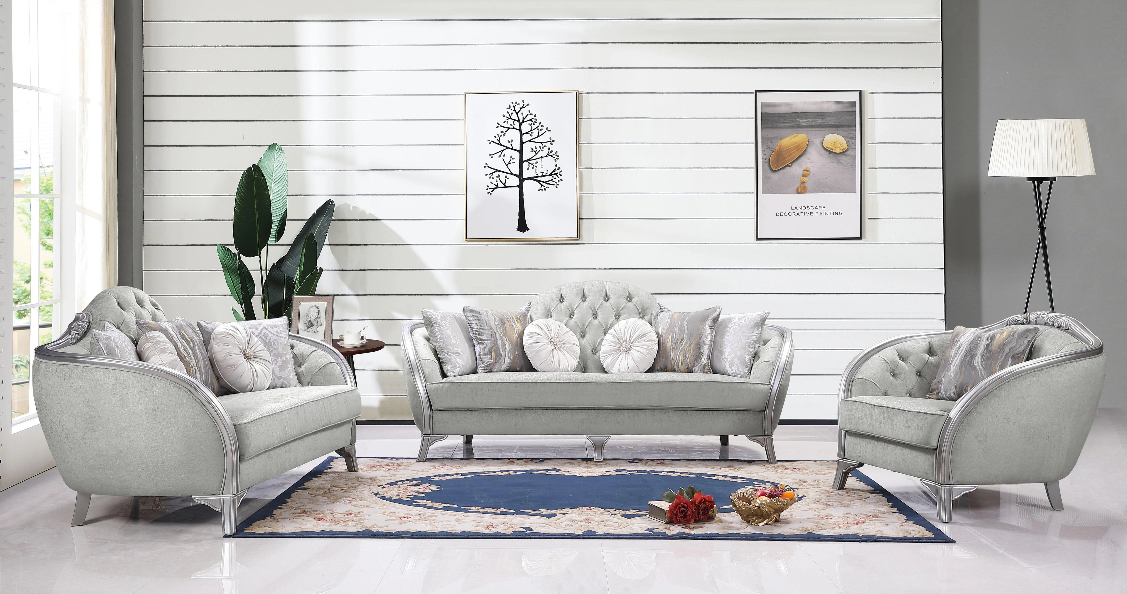 Silver Gray Finish Wood Sofa Set 3Pcs J306