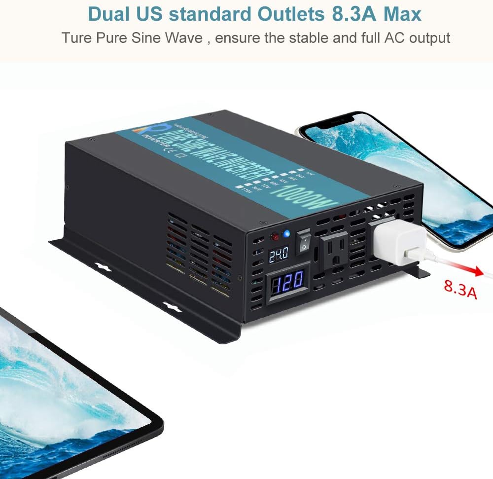 1000W Pure Sine Wave Car Power Inverter 24V DC to 120V AC with 2 AC Outlets U376