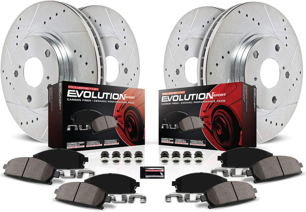 Front and Rear Carbon Fiber Brake Pads with Drilled & Slotted Brake Rotors Kit B34558