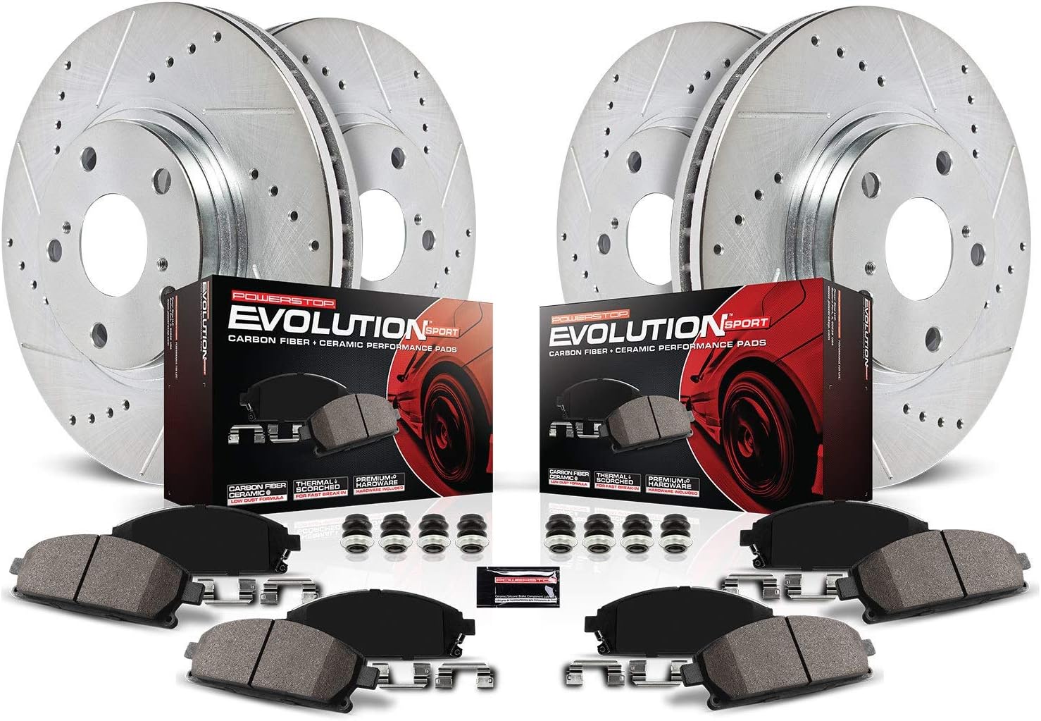 Front and Rear Carbon Fiber Brake Pads with Drilled & Slotted Brake Rotors Kit B34558