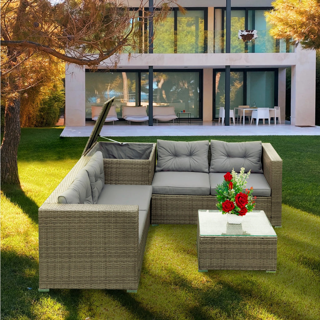 Grey 4 Piece Patio Sectional Sofa Set with Storage Box E988023