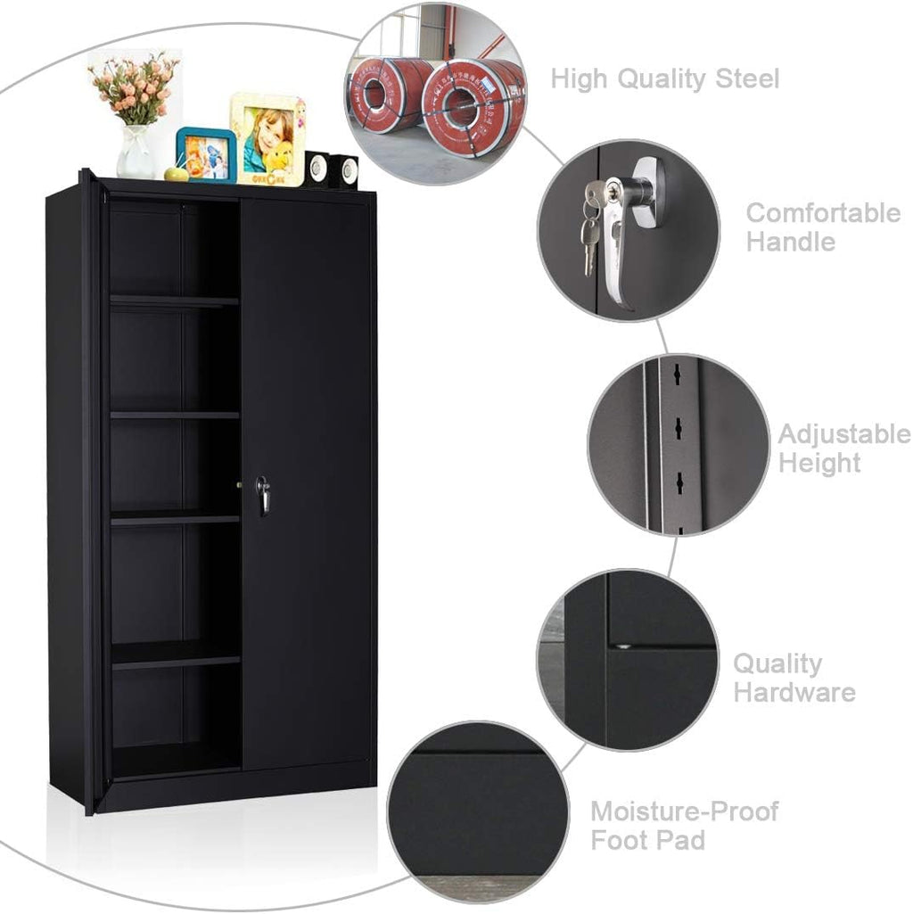 Black Metal Storage Cabinet with 2 Locking Doors and 5 Shelves H502