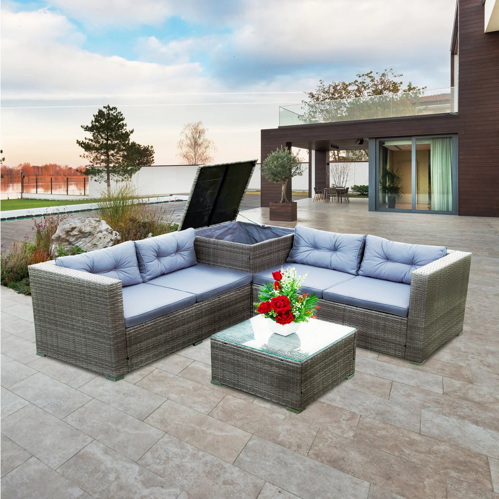 Grey 4 Piece Patio Sectional Sofa Set with Storage Box E988023