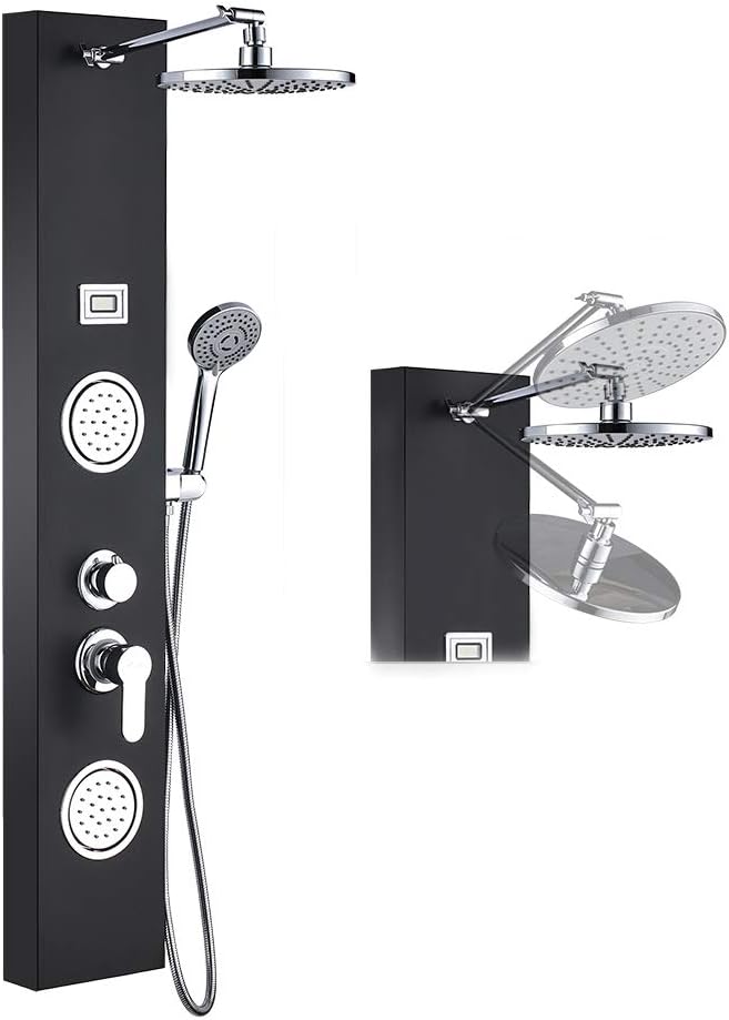 Tempered Glass Shower Panel System with Rainfall Shower, 6 Body Jets, Handheld Wand and Tub Spout A396