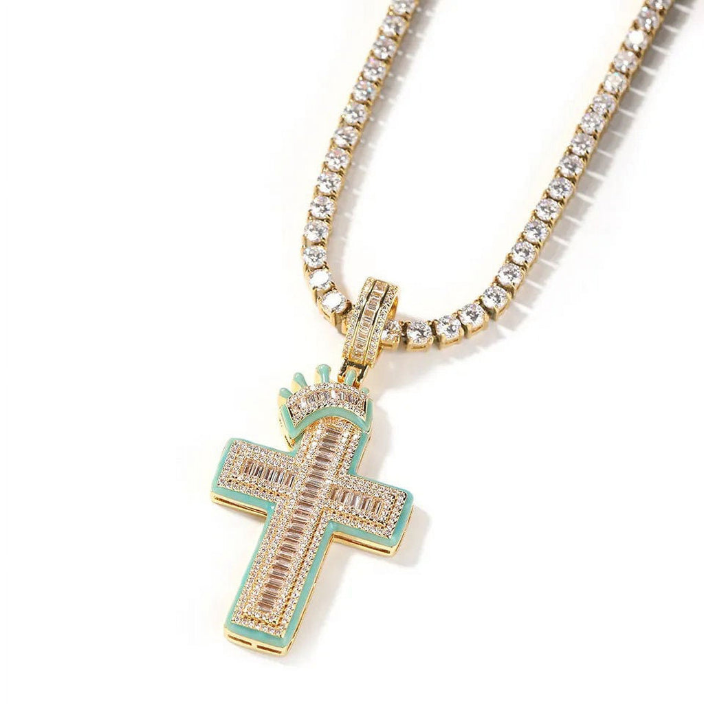 14K Gold Over Finish Simulated Diamond Crucifix Cross Charm Pendant Necklace L40918