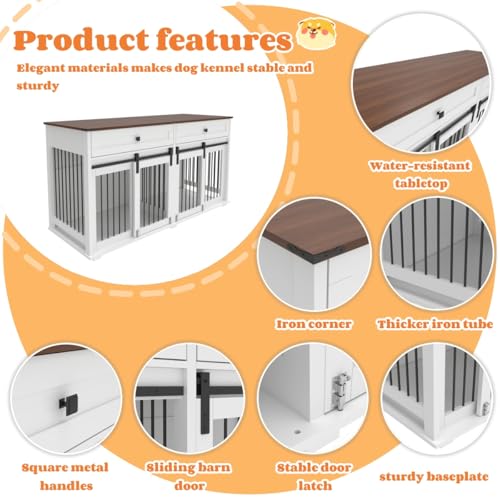 White Wooden Double Dog Crate Furniture with 2 Drawers G909960