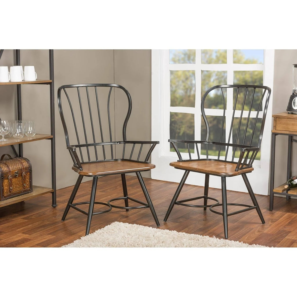 Set of 2 Wood and Metal Vintage Industrial Dining Arm Chair L328