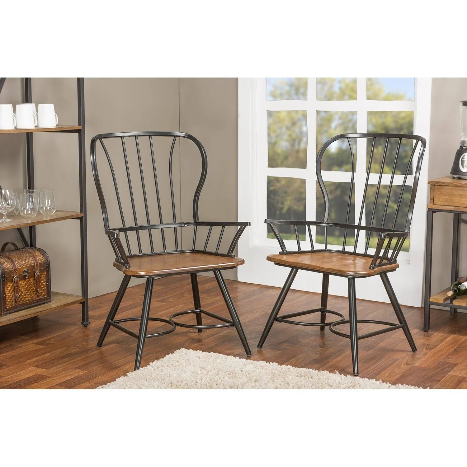 Set of 2 Wood and Metal Vintage Industrial Dining Arm Chair L328