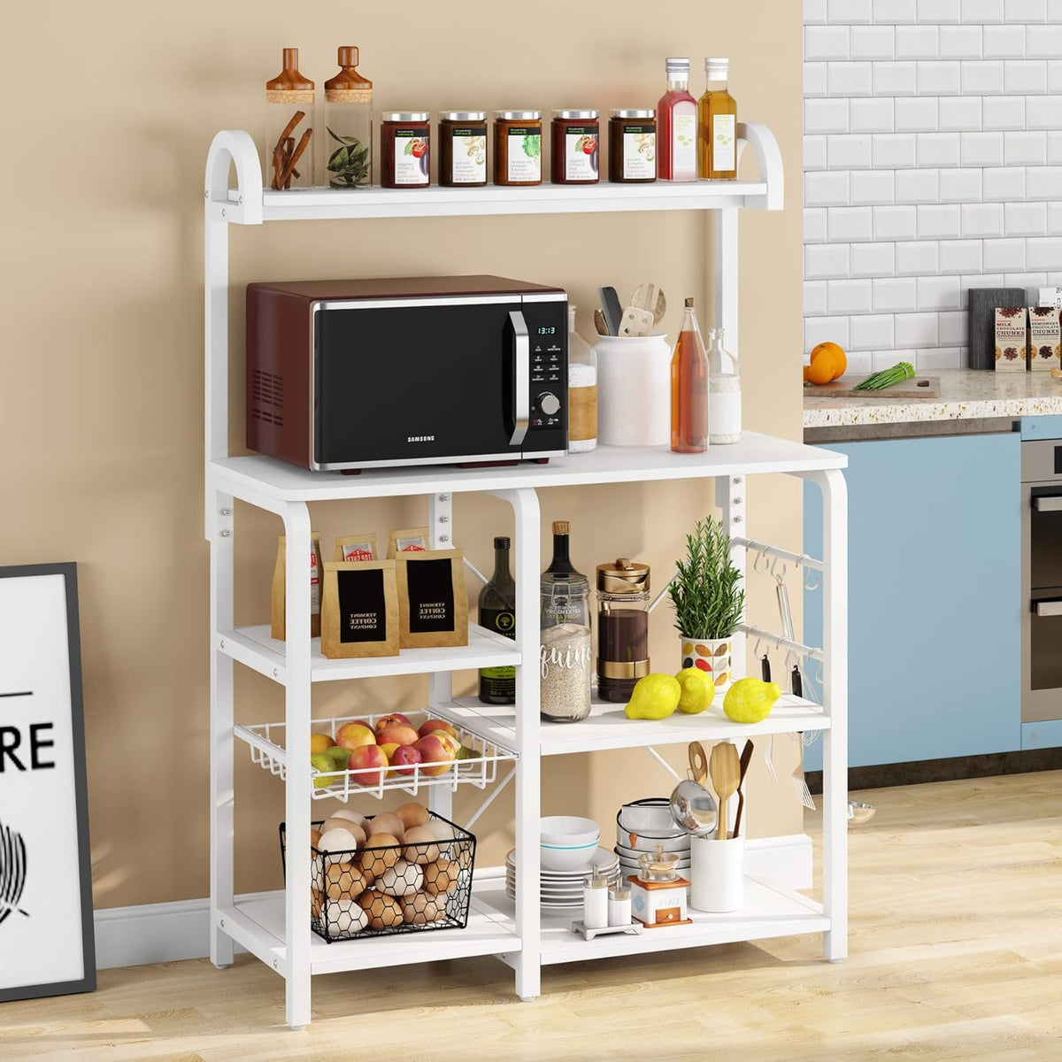 35.5 inches Industrial Kitchen Cart with Wire Basket and 6 Hooks O8450