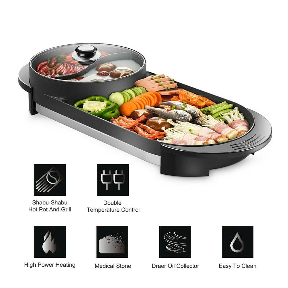 2 in 1 Portable Electric Hot Pot Barbecue Grill Non-Stick Pan R584