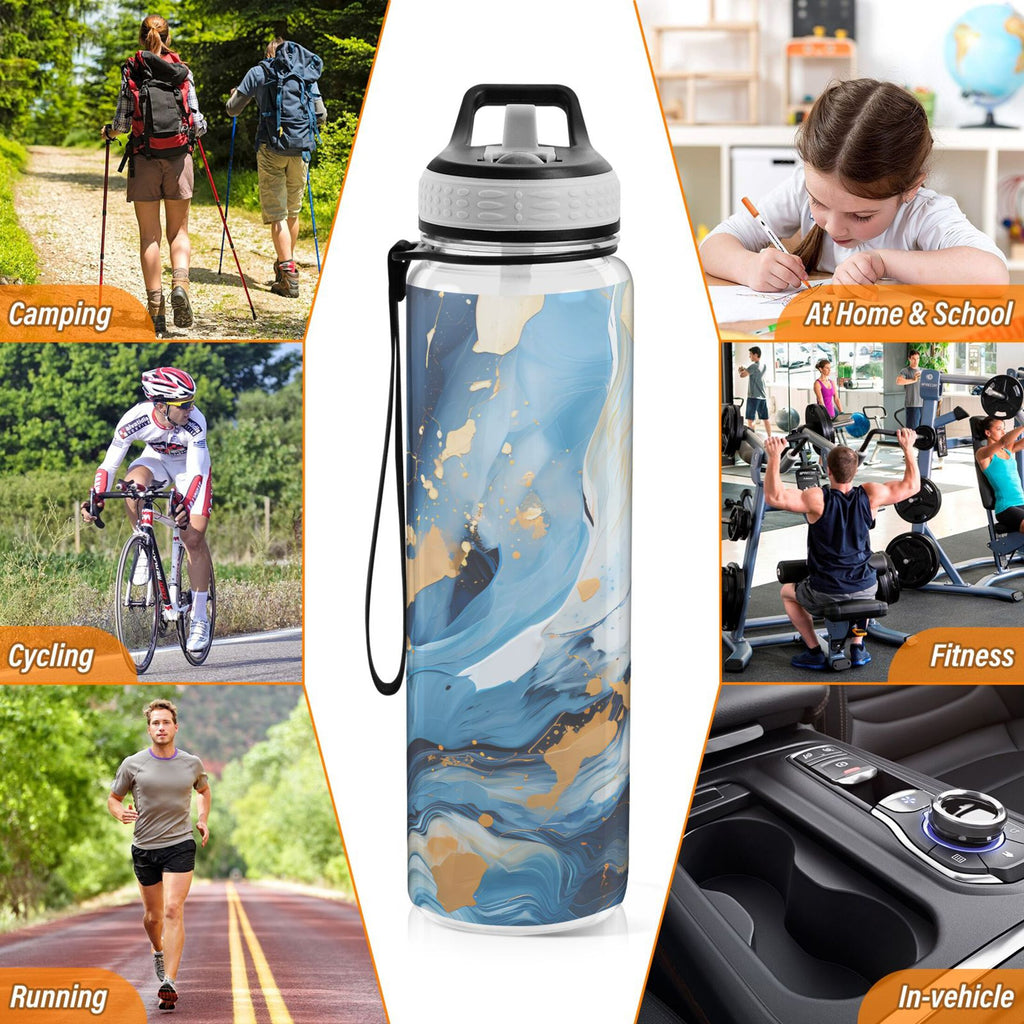 Marble Blue and Gold 32oz Tritan Leakproof Water Bottle with Straw F889