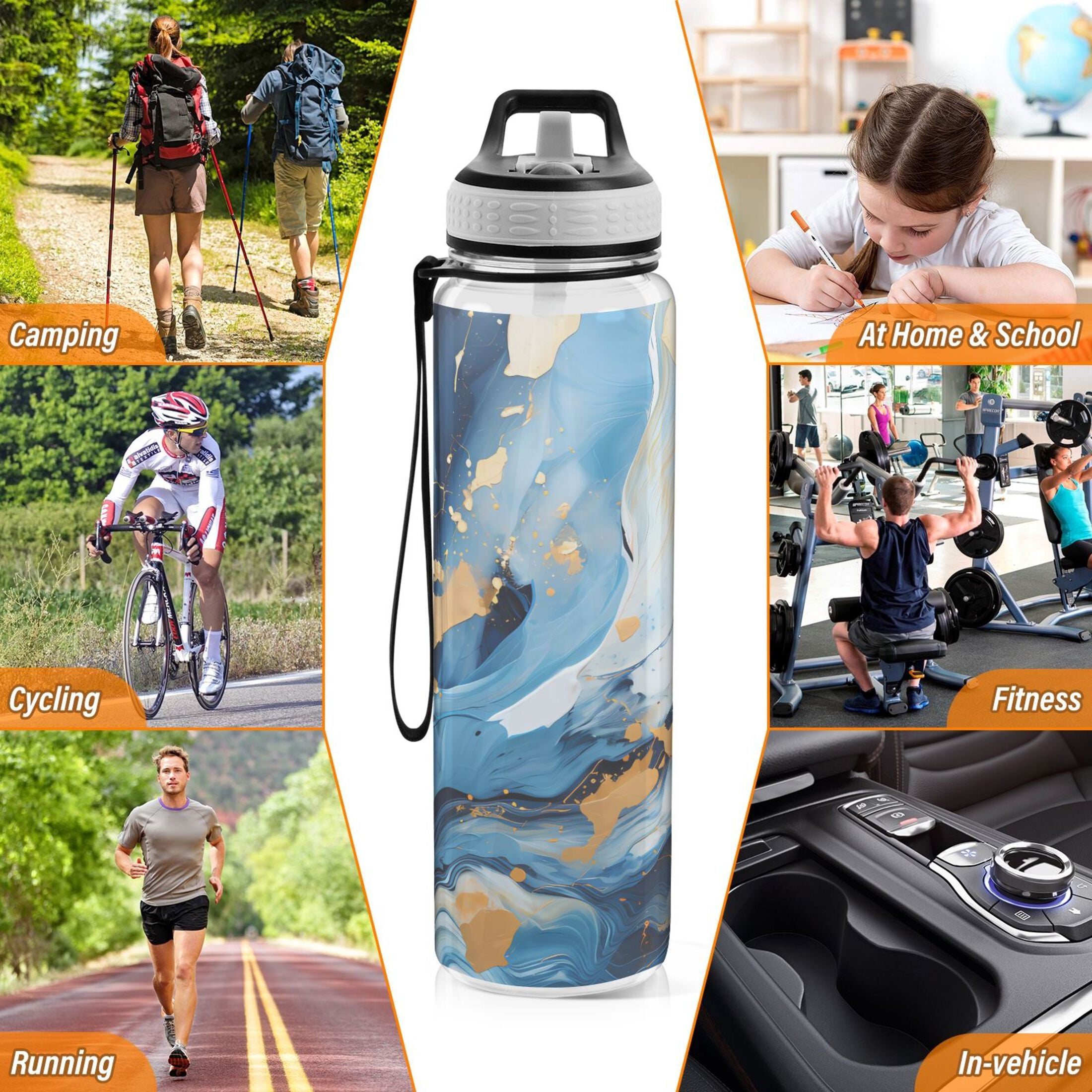 Marble Blue and Gold 32oz Tritan Leakproof Water Bottle with Straw F889