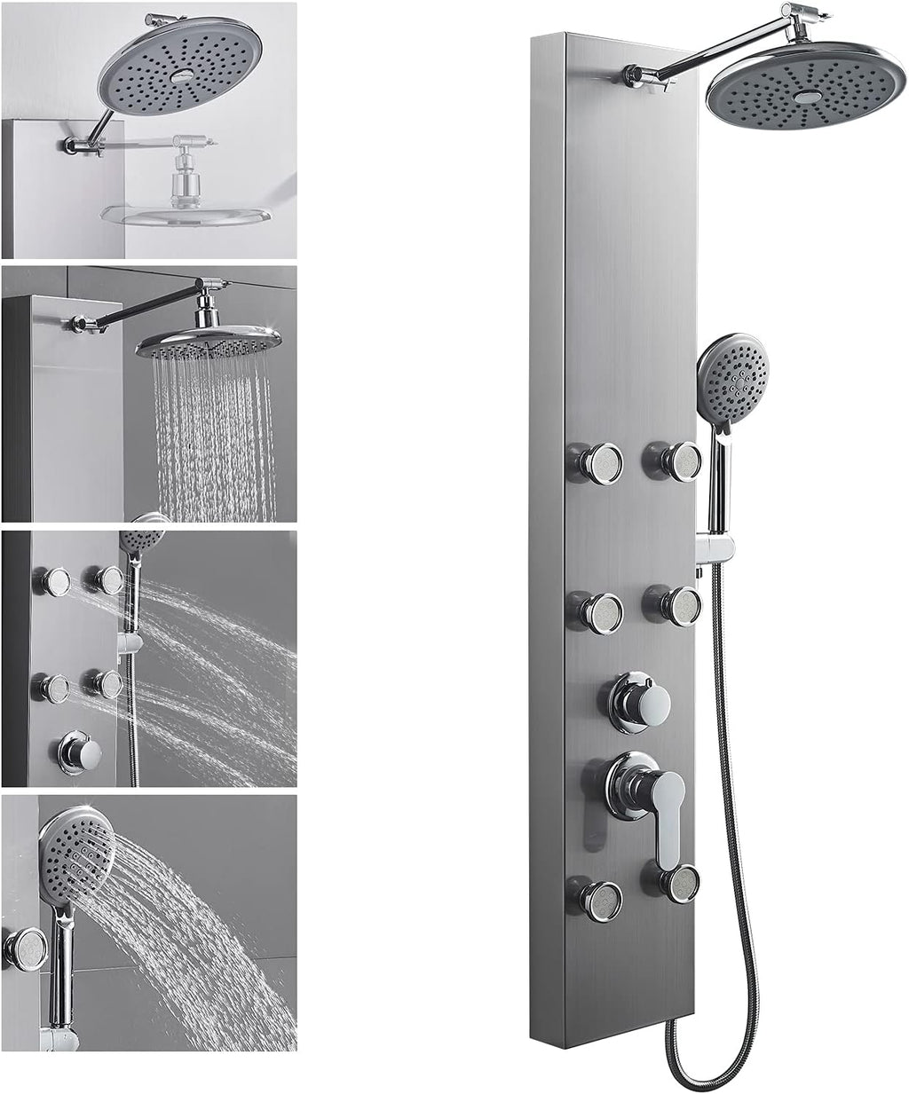 Tempered Glass Shower Panel System with Rainfall Shower, 6 Body Jets, Handheld Wand and Tub Spout A396