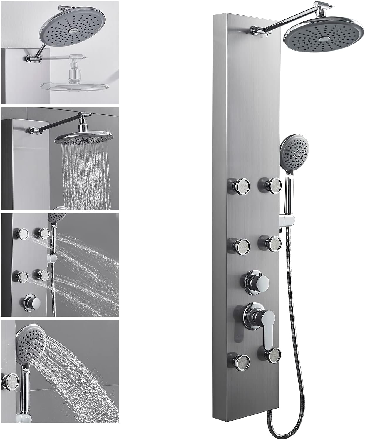 Tempered Glass Shower Panel System with Rainfall Shower, 6 Body Jets, Handheld Wand and Tub Spout A396