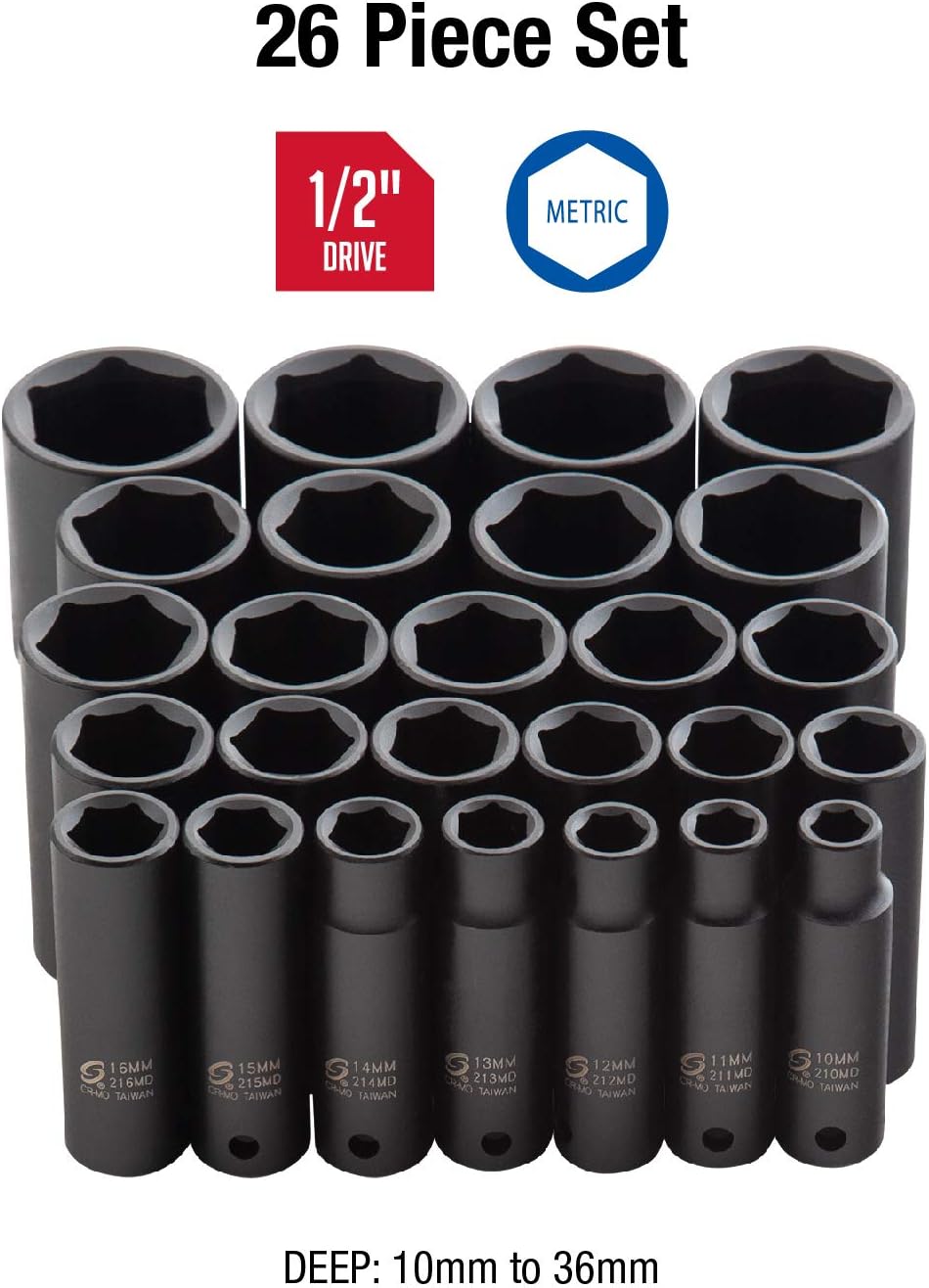 26-Piece 1/2 Inch Drive Deep Impact Socket Set Metric Cr-Mo Alloy Steel A168