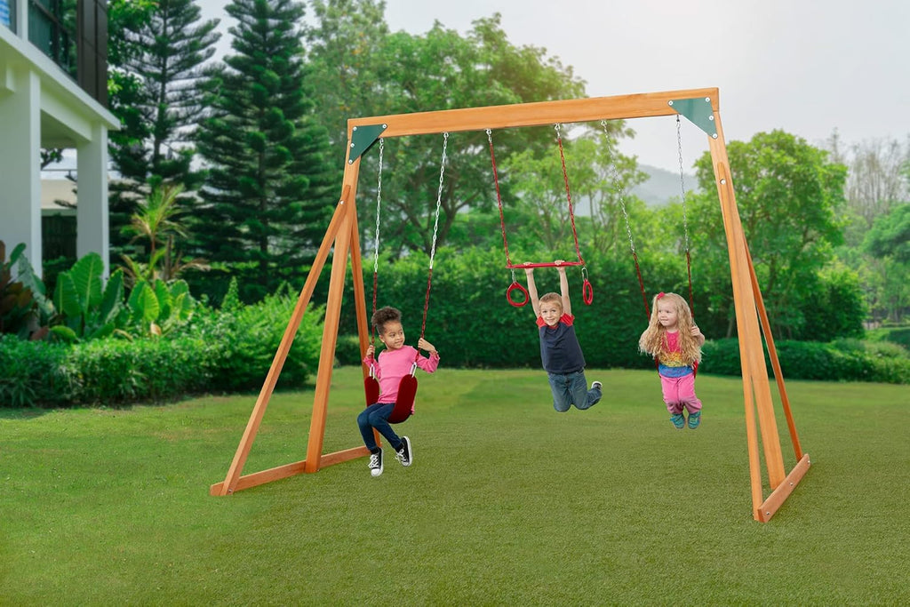Cedar Wooden Backyard Swing Set with 2 Swings & 1 Trapeze N31289