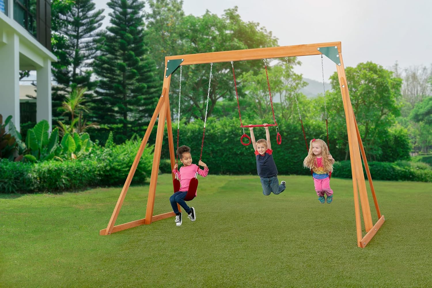 Cedar Wooden Backyard Swing Set with 2 Swings & 1 Trapeze N31289
