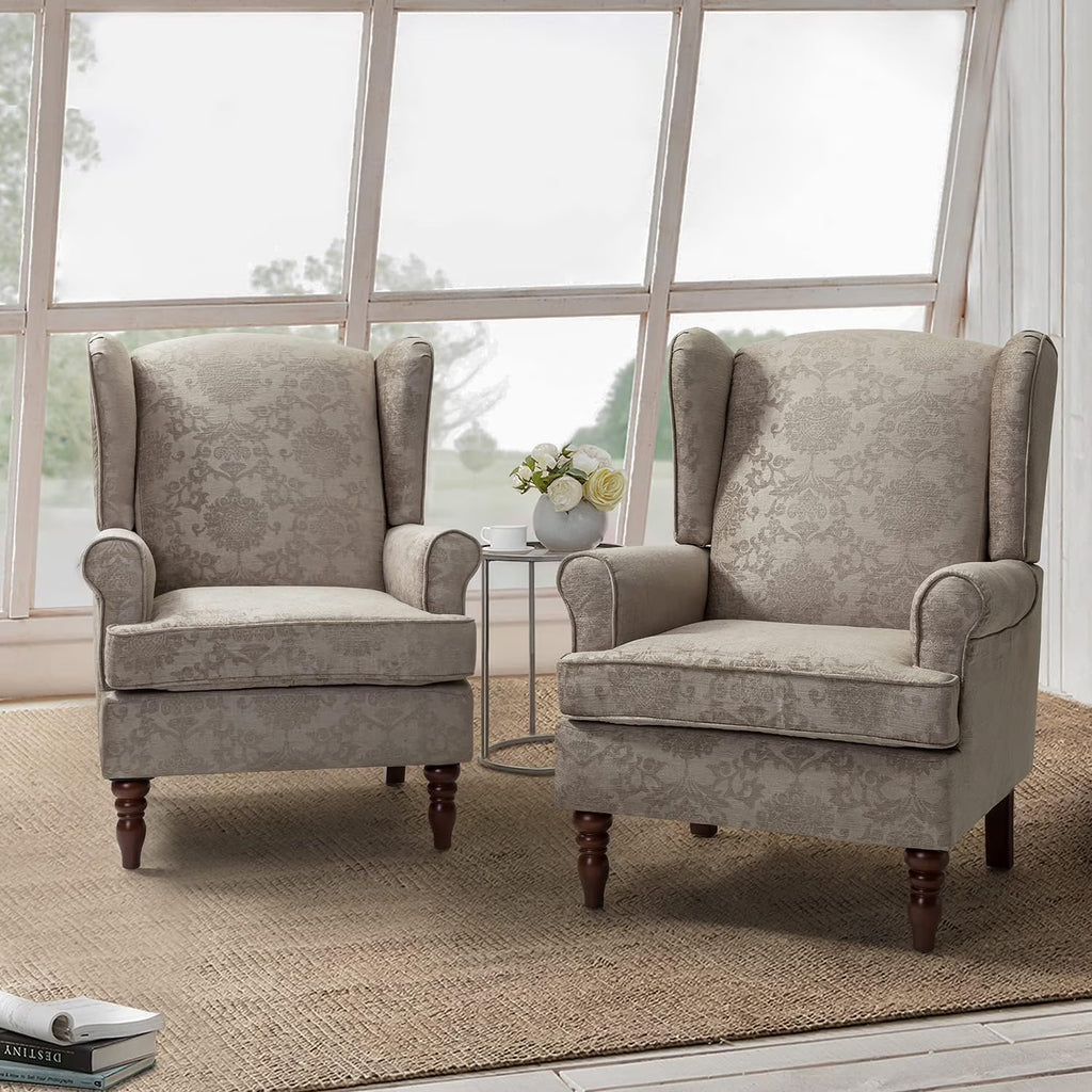 Wingback Accent Chairs Set Of 2 With Wood Legs Fabric Upholstered M4413