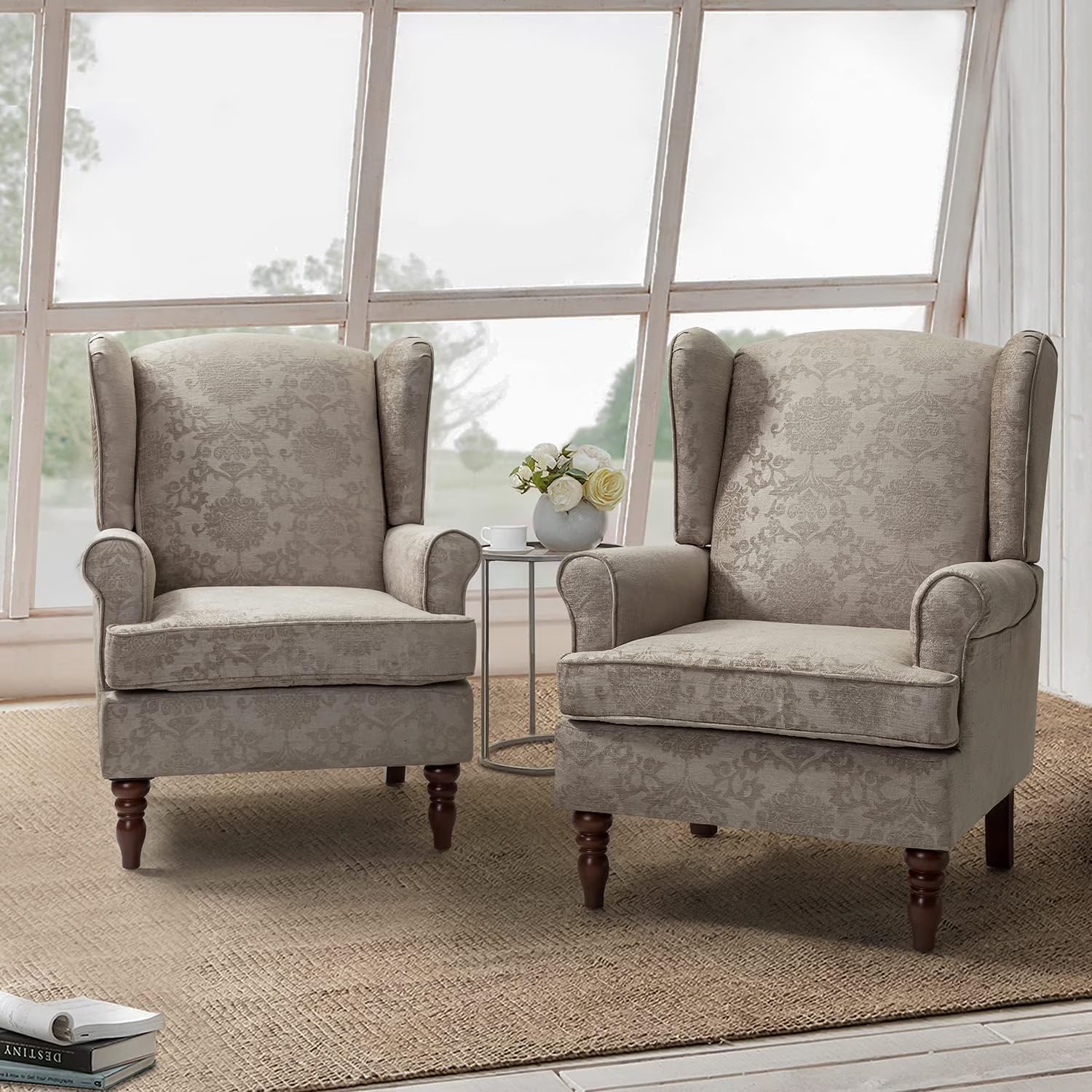 Wingback Accent Chairs Set Of 2 With Wood Legs Fabric Upholstered M4413