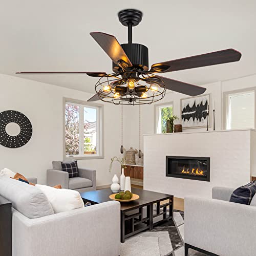52" Black Ceiling Fan with Lights Remote Control Pull Chain 5 Reversible Blades A88185